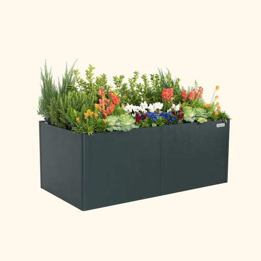 Modern charcoal planter box by Vego Garden, filled with colorful flowers, evergreen shrubs, and lush green plants.