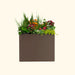 Dark brown rectangular garden planter box overflowing with diverse colorful flowers and lush green foliage.