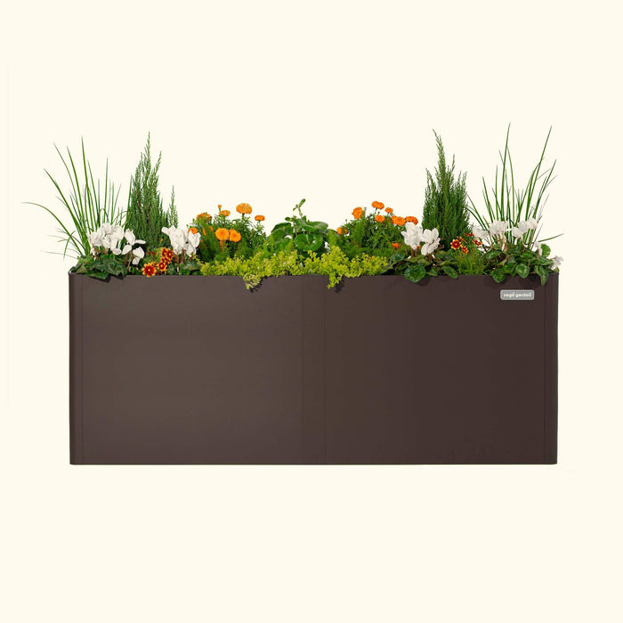 Vego Garden brown metal planter box with vibrant green plants, evergreen shrubs, orange marigolds, and white cyclamen.
