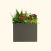 Dark grey modern rectangular planter brimming with vibrant green plants, orange, and pink flowers.
