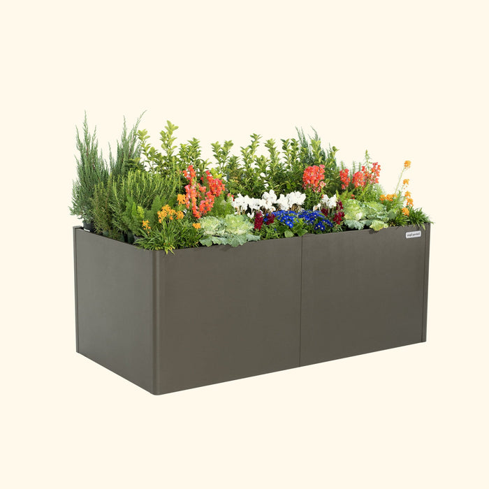 Modern dark grey raised garden bed with diverse plants, colorful flowers, and lush greenery. Vego Garden.