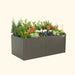 Modern dark grey raised garden bed with diverse plants, colorful flowers, and lush greenery. Vego Garden.