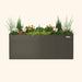 Modern dark grey rectangular Vego Garden planter box filled with orange marigolds, white cyclamen, grass, and shrubs.