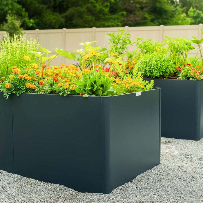 Modern dark gray raised garden beds filled with vibrant flowers, herbs, and plants on a gravel patio.