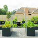 Backyard oasis with dark raised garden beds, metal arches, bubbling fountain, and gravel path. Lush plants, flowers, and vegetables.