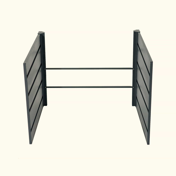 Dark grey metal privacy screen, two panels with horizontal slats, connected by two bars. Outdoor garden divider.