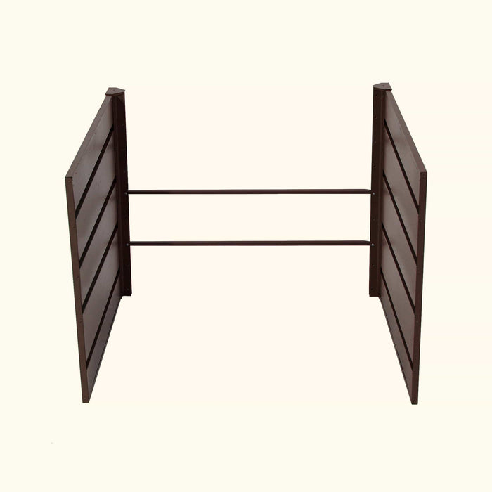Brown slatted wood raised garden bed frame. Modular planter box kit with two connecting support bars.