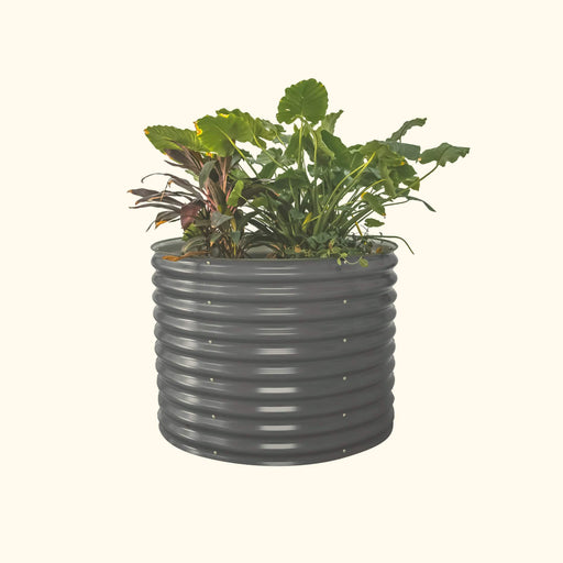 Round corrugated metal raised garden bed in anthracite grey with lush plants.