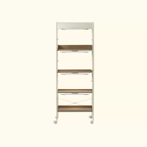 Vego Garden 4-tier mobile indoor plant stand with LED grow lights and brown shelves.