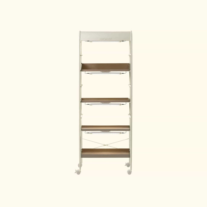Vego Garden 4-tier mobile indoor plant stand with LED grow lights and brown shelves.