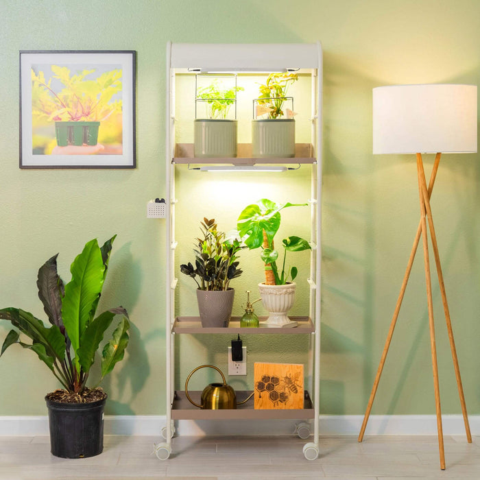 Modern indoor plant shelf with LED grow lights, diverse potted plants, smart hydroponic planters, watering can, and floor lamp.