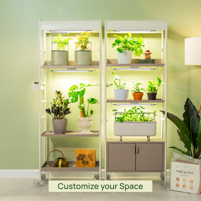 Customizable indoor garden shelving with LED grow lights, diverse houseplants, and smart hydroponic planters for home growing.