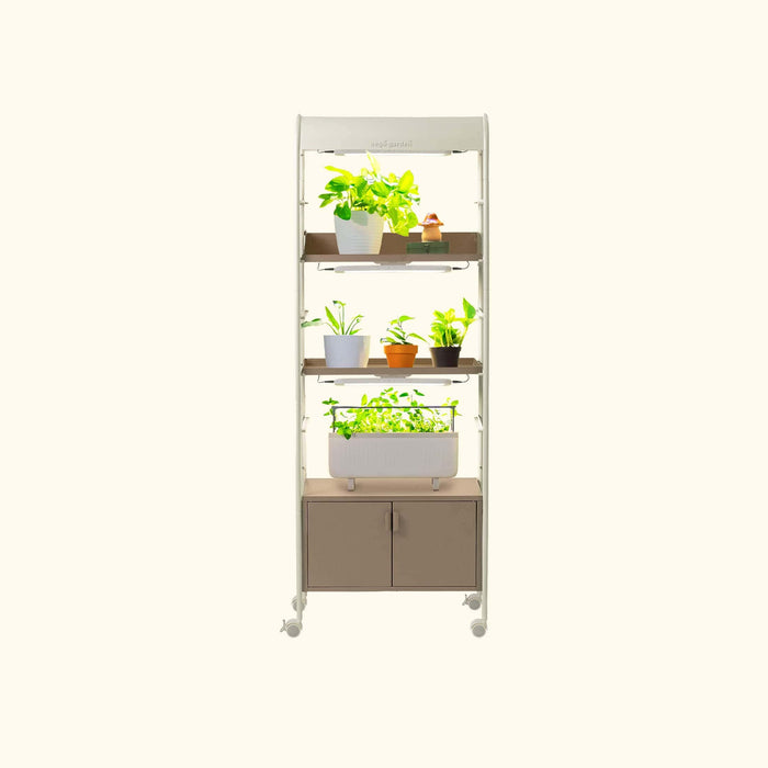 Vego Garden vertical indoor plant stand with LED grow lights, potted plants, and hydroponic system.