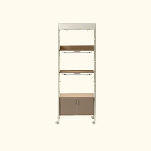 Vego Garden smart indoor garden shelf with grow lights, brown trays, storage cabinet, and wheels.