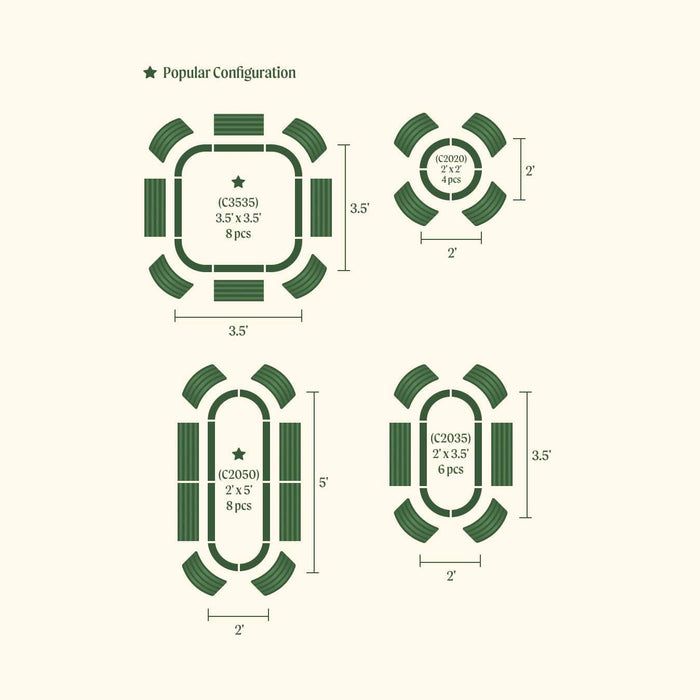 Dark green modular raised garden bed configurations: 3.5' square, 2' round, 2'x5' oval, and 2'x3.5' oval kits.