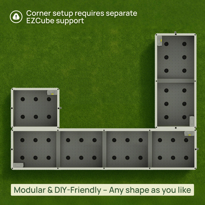 L-shaped modular EZCube raised garden bed on grass, showing DIY custom layouts for flexible outdoor planting.