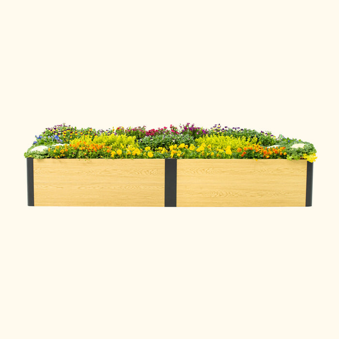 Rectangular light wood raised garden bed with black accents, overflowing with vibrant yellow, orange, and purple flowers.