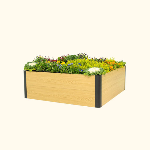 Stylish light wood raised planter box with dark trim, bursting with colorful annuals and leafy greens for gardening.