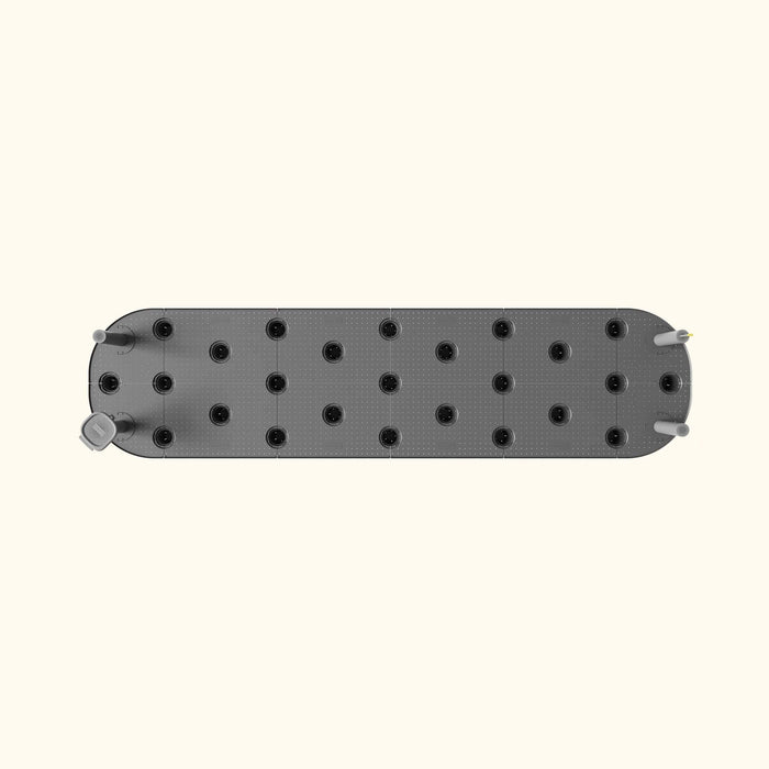 Grey modular hydroponic planter system with 24 planting holes and water intake/outflow ports.