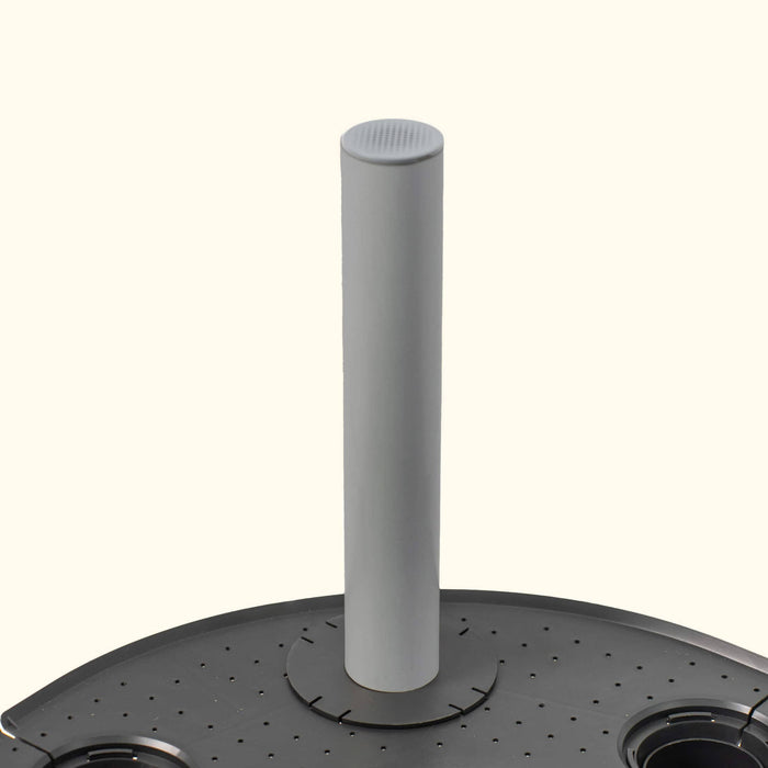Grey central watering column for a vertical garden or hydroponic system with a dark perforated planter base.