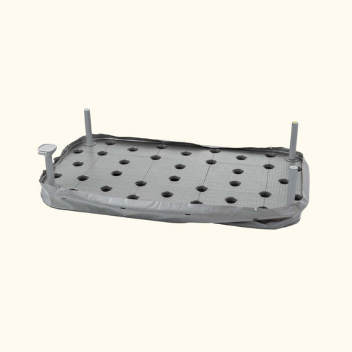 Grey hydroponic planter for indoor gardening, 24 grow sites, water level indicator, self-watering, with posts.