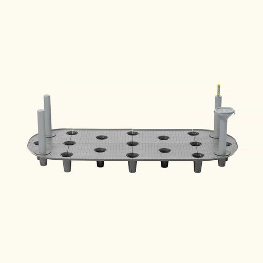 Gray modular hydroponic growing system with 12 plant sites, water level indicator, and fill funnel.