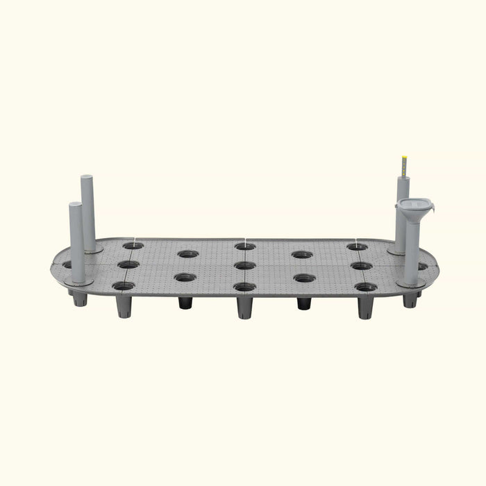 Gray modular hydroponic growing system with 12 plant sites, water level indicator, and fill funnel.