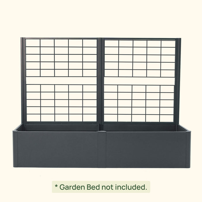Modular dark grey metal trellis with grid pattern. Perfect for climbing plants, garden bed support, or privacy screen.