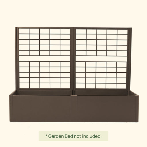 Two-panel bronze metal garden trellis. Grid pattern plant support for climbing plants, vines, and vegetables in raised beds.