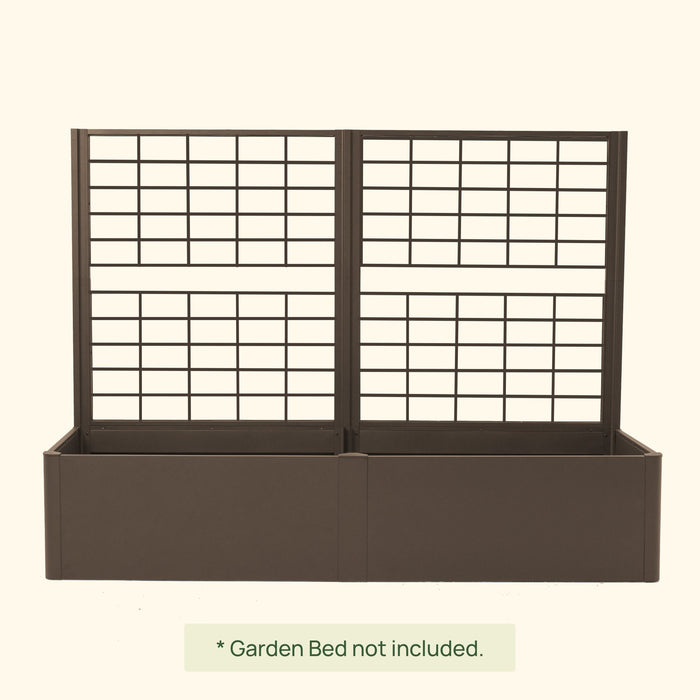 Two-panel bronze metal garden trellis. Grid pattern plant support for climbing plants, vines, and vegetables in raised beds.