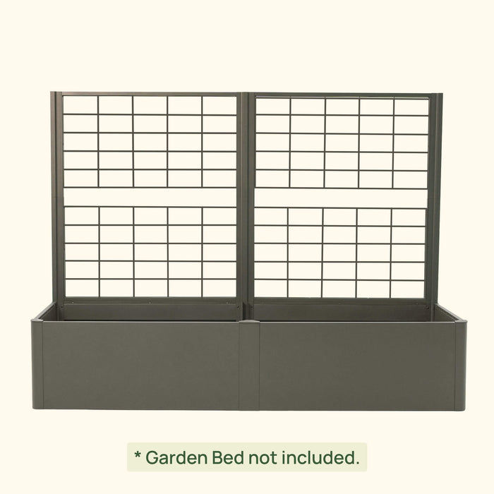 Dark grey metal grid trellis system for raised garden beds, ideal for climbing plants and vertical gardening.