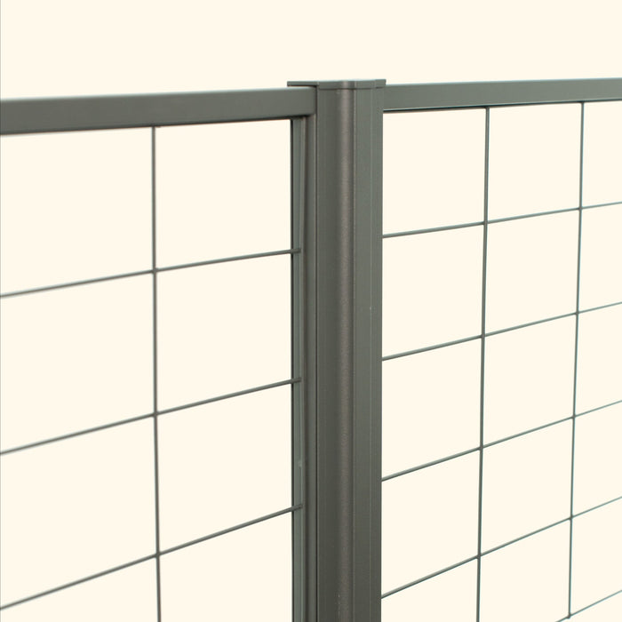 Dark grey metal grid fence panel with connecting post. Durable outdoor garden or security fencing.
