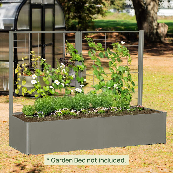 Outdoor metal garden trellis for climbing plants. Modern grey privacy screen with white flowers in a raised planter.