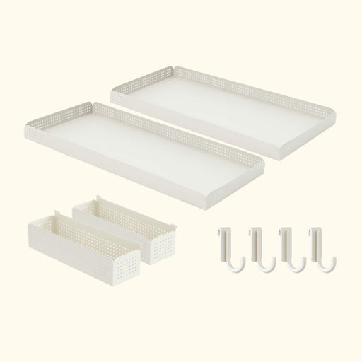 White perforated storage set: 2 trays, 2 bins, 4 hooks. Organize kitchen, pantry, office, home.