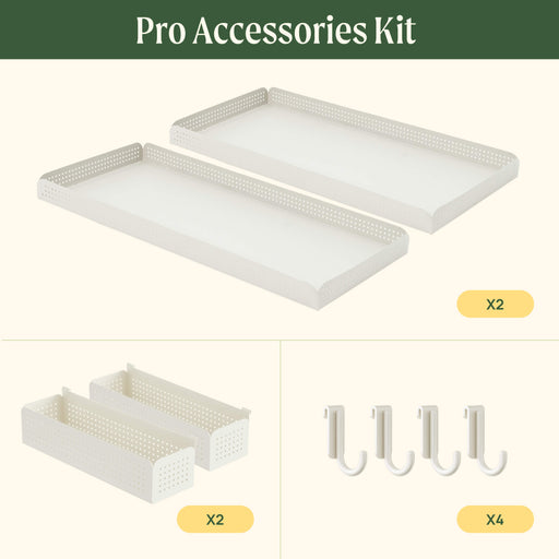 Pro Accessories Kit: 2 white perforated trays, 2 storage bins, 4 over-the-door hooks for organization.