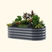 Dark gray corrugated steel raised garden bed brimming with diverse green, red, orange, and yellow plants and flowers.