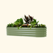 Sage green corrugated metal raised garden bed with lush foliage, vibrant plants, and colorful flowers for gardening.