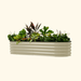 Neutral beige corrugated steel raised garden bed with diverse green plants and colorful flowers.