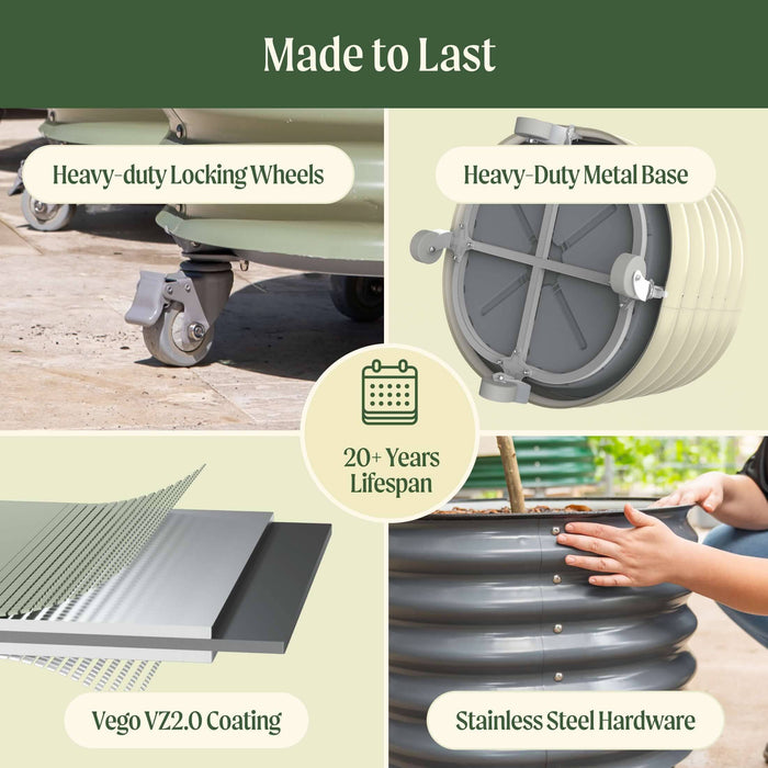 Durable raised garden bed: heavy-duty locking wheels, metal base, Vego VZ2.0 coating, stainless steel hardware, 20+ years lifespan.