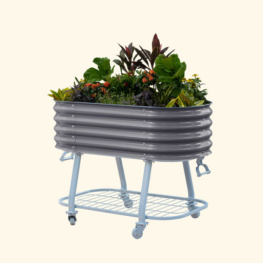 Grey corrugated metal raised garden bed on blue wheeled stand with diverse plants & bottom shelf. Portable patio planter.