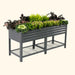 Tall charcoal corrugated metal raised garden bed with diverse plants & flowers, featuring a bottom grid storage shelf.