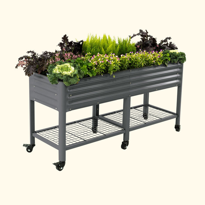 Mobile grey corrugated metal raised garden bed, elevated with a wire storage shelf, full of healthy vegetables & flowers.