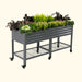Mobile grey corrugated metal raised garden bed, elevated with a wire storage shelf, full of healthy vegetables & flowers.