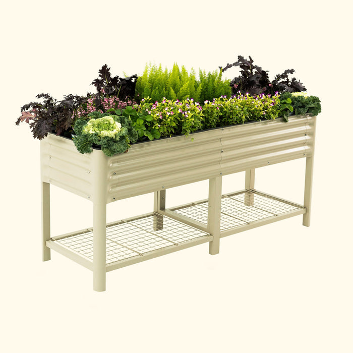 Tall beige corrugated metal raised garden bed with wire shelf, growing vibrant flowers and leafy greens.