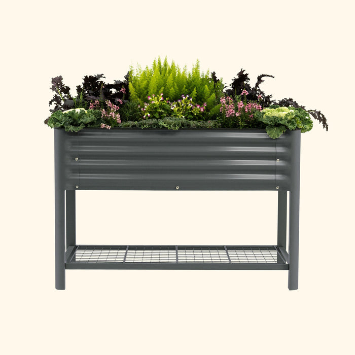 Charcoal corrugated metal raised garden bed with kale, greens, ferns, and pink flowers. Elevated planter with storage shelf.
