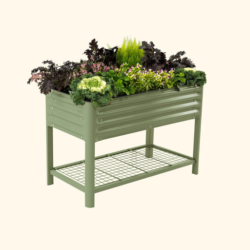 Sage green corrugated metal raised garden bed with lower shelf, brimming with kale, red mustard, and colorful flowers.
