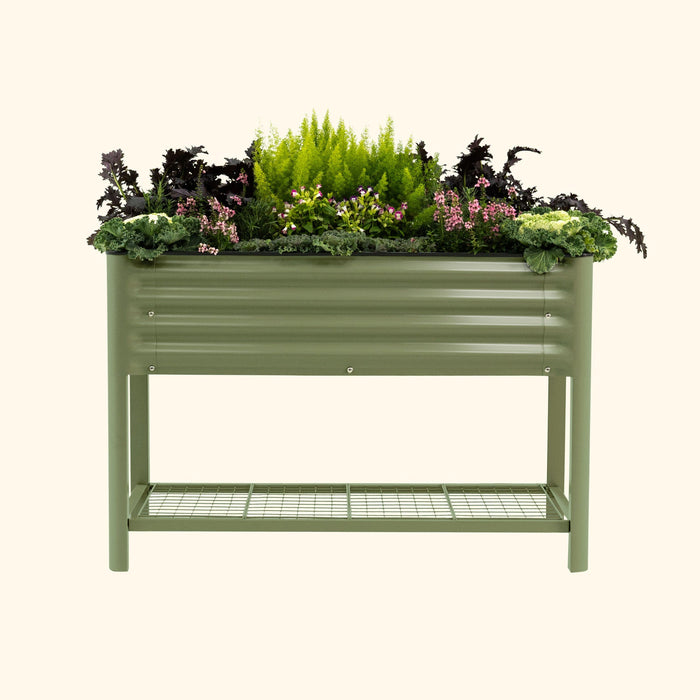 Sage green elevated metal garden bed with storage shelf, filled with kale, purple leafy greens, ferns, and pink flowers.