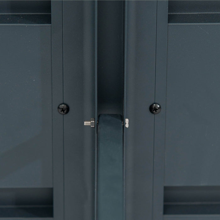 Dark grey textured storage cabinet doors, secured by a central metal bolt, nut, and latch. Durable outdoor hardware.