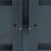 Dark grey textured storage cabinet doors, secured by a central metal bolt, nut, and latch. Durable outdoor hardware.