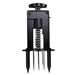 Black spring-loaded dibber for gardening. Features T-handle and five soil spikes for efficient planting.